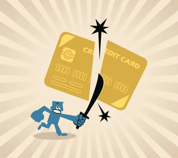 Vector illustration of A man cutting off a credit card with a knife or sword