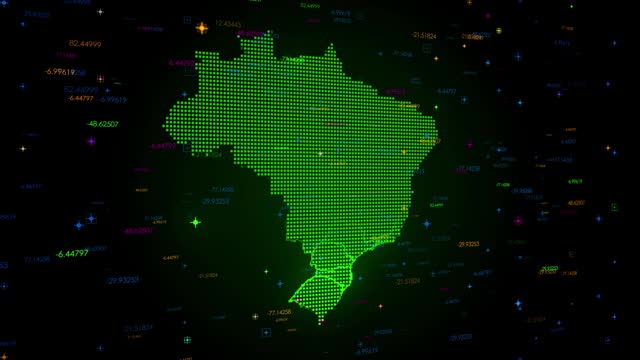 Motion View Green Colorful Shiny Digital Technology Hud Dots Mosaic Grid Brazil Map Separate Regions Light Scanning With Numeric Tech Particles