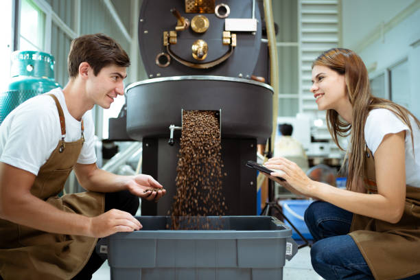 istock Coffee roast master working in coffee roaster factory. 1521031361
