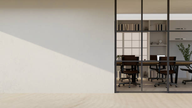 istock Empty mockup wall with a modern meeting room. Office corridor with a modern boardroom. 1521052289