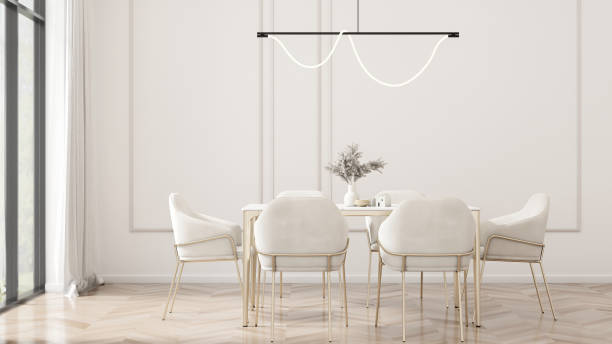istock Scandinavian elegance stylish dining area with dining table, parquet floor, and decorative wall modern with chic lamps and stylish decor. 3D render 1521089310