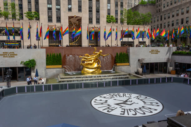 The Rink at Rockefeller Center in New York New York, New York, USA - June 21, 2023: View of The Rink at Rockefeller Center in Midtown Manhattan. Built as an ice rink in the winter, it now doubles as a roller rink in the summer. rockefeller ice rink stock pictures, royalty-free photos & images