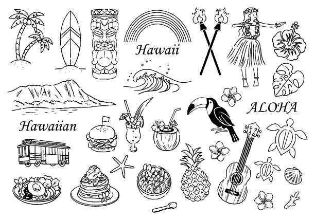 Hawaii illustration set, hand-drawn, black and white line drawing Hawaii illustration set, hand-drawn, black and white line drawing rainbow toucan stock illustrations
