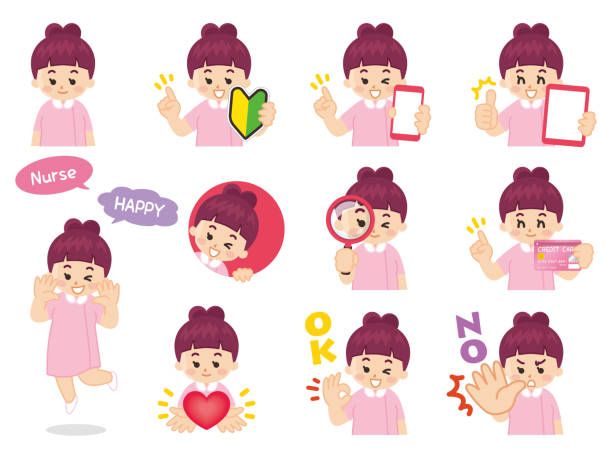 Nurse woman variation. Beginner mark, smartphone, tablet, magnifying glass, credit card, heart, ok, no. Nurse woman variation. Beginner mark, smartphone, tablet, magnifying glass, credit card, heart, ok, no. 仕事 stock illustrations