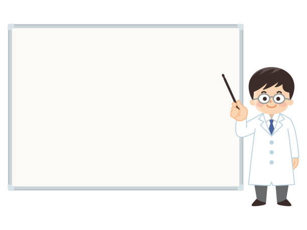A male doctor who introduces using a pointing stick in front of a whiteboard. A male doctor who introduces using a pointing stick in front of a whiteboard. 仕事 stock illustrations