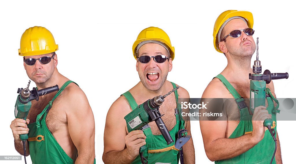 Tres serviceman con taladro de mano - Foto de stock de Accesorio de cabeza libre de derechos