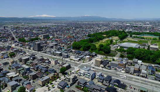 Aerial view of Yamagata City in Tohoku, Japan. Yamagata Prefecture is situated on the westernmost part of the Tohoku region.