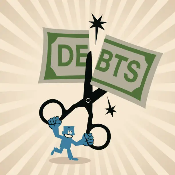 Vector illustration of A man cutting Debts with scissors, paying off debt faster, avoiding bad debts