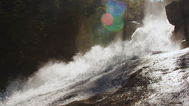 Close up of powerful flowing water from rushing river and flooding in Yosemite National Park