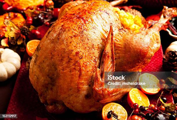Roast Turkey And Trimmings For Thanksgiving Celebration Meal Stock Photo - Download Image Now