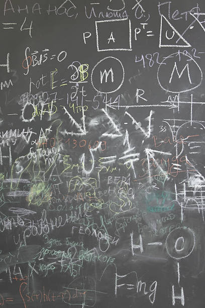 istock Grey school chalkboard with many different formulas, signs and counts 152113826