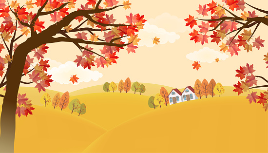 Background illustration of red maple tree and hillside hut
