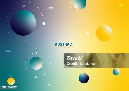 istock Abstract blue and yellow circle shapes with curves of dots on a gradient background. 1521156577