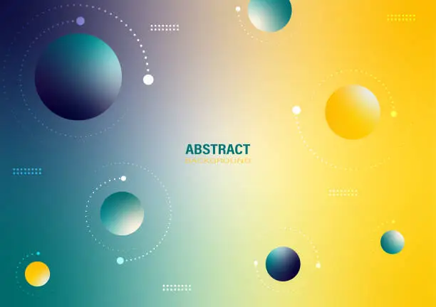 Vector illustration of Abstract blue and yellow circle shapes with curves of dots on a gradient background.