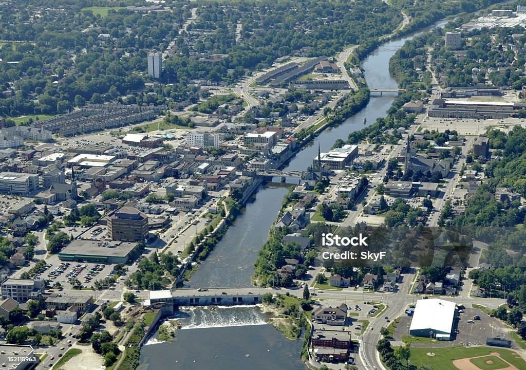 Cambridge Galt aerial urban scenery along the Grand River in Southern Ontario, Ontario - Canada Stock Photo