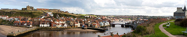 whitby town and river panorama - north yorkshire stok fotoğraflar ve resimler