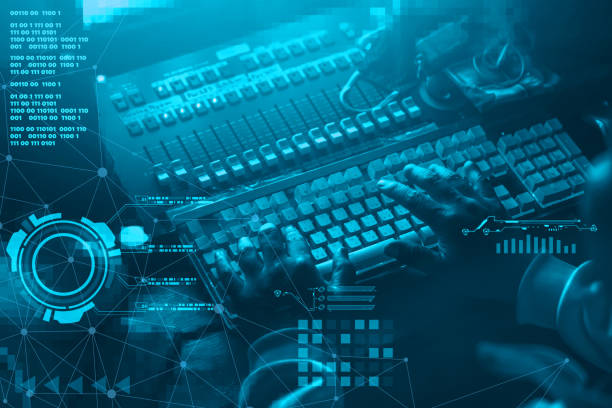 istock Digital music designer sound engineer with computer keyboard editor and sound mixer cyber futuristic concept. 1521175749