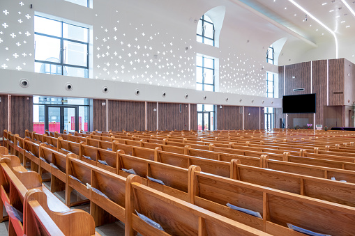 Bright and clean tables and chairs in public churches