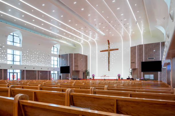 istock Bright and clean tables and chairs in public churches 1521201916