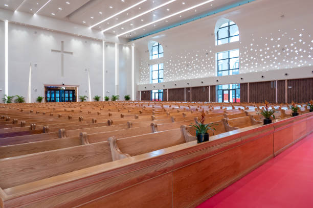 istock Bright and clean tables and chairs in public churches 1521202432