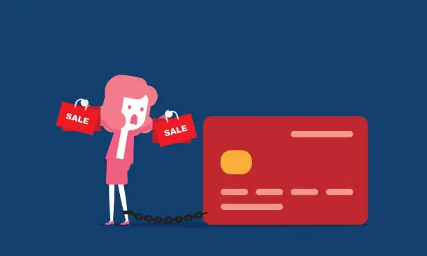 Vector illustration of Businesswoman chained with debt