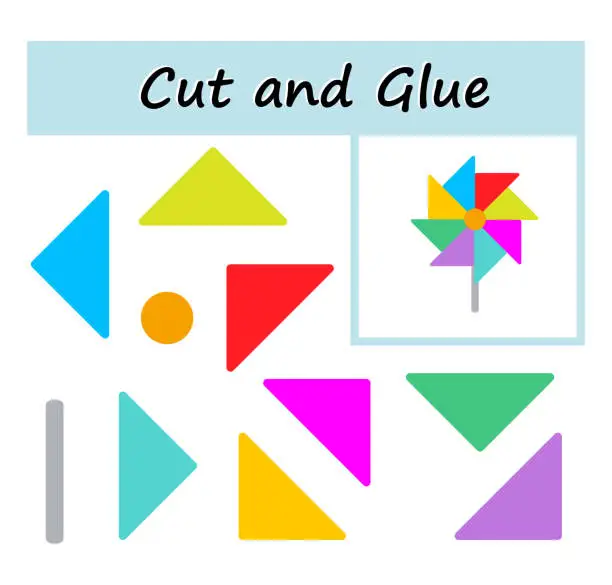Vector illustration of Cut parts of the image and glue on the paper. DIY worksheet. Vector illustration of the pinwheel.