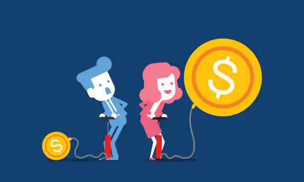 Vector illustration of Businessman and businesswoman Pump US coin balloons, Making money