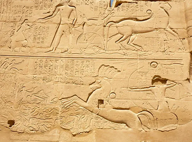 ancient Egyptian bas-reliefs on the wall of Karnak Temple, Egypt, Luxor