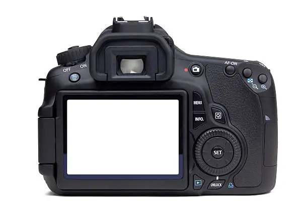 A rear view closeup of a DSLR camera isolated on a white background. Add your own photo.