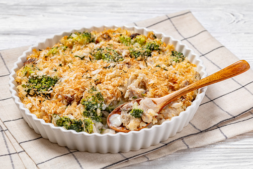 Chicken, Broccoli and mushrooms creamy Casserole topped with panko breadcrumbs in baking dish on white wooden table, horizontal view from above