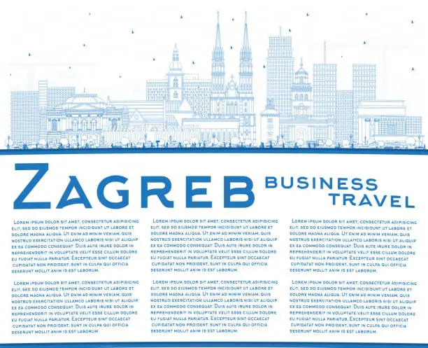 Vector illustration of Outline Zagreb Croatia City Skyline with Blue Buildings and Copy Space.