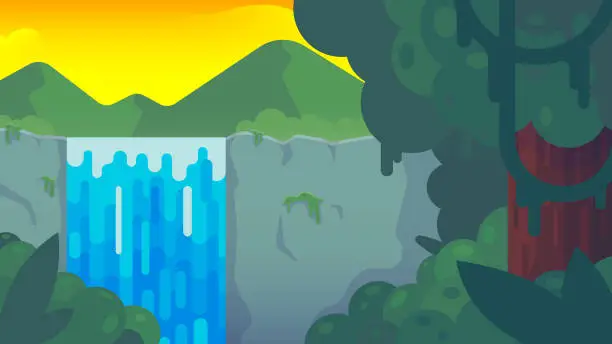Vector illustration of Waterfall in tropical jungle.