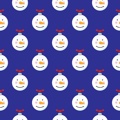 Vector seamless pattern of snowmen Christmas ornaments on a blue square background.