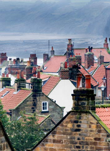 Rooftops, Narrow streets and cottages in Robin Hoods Bay, North Yorkshire.