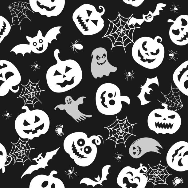 ilustrações, clipart, desenhos animados e ícones de padrão vetorial sem emenda para o design de halloween. símbolos de halloween: fantasma, morcego, abóbora no estilo desenho animado. ilustração vetorial - witch smiling evil bizarre