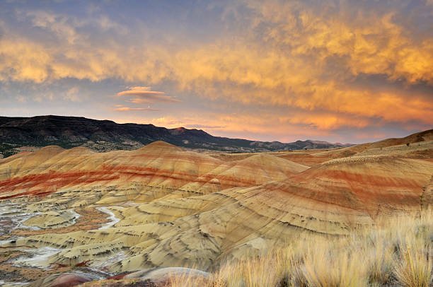 colorful painted hills at sunset, Mitchell, Oregon stock photo