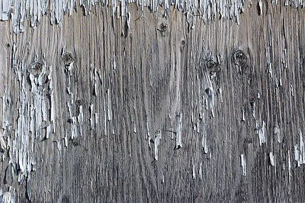 White paint peeling off old wooden wall.