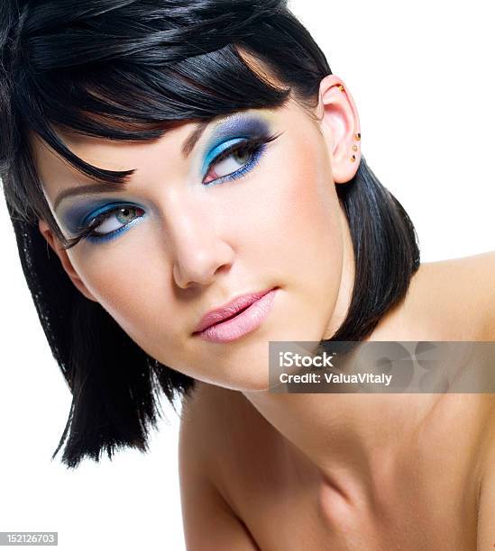 Face Of A Beautiful Woman With Blue Makeup Stock Photo - Download Image Now - Adult, Adults Only, Beautiful People