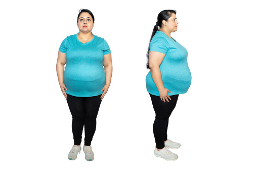 Front and side view of overweight fat indian woman standing isolated over white background, studio portrait. Plus size female lifestyle. Weight Loss, Full length Shot.