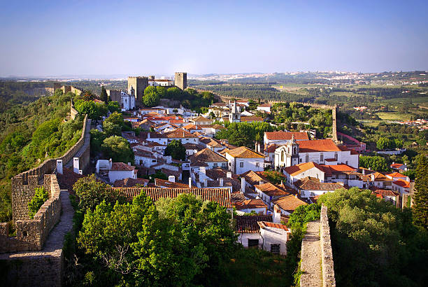 Aerial view of the village of Obidos in Portugal View of the beautiful medieval village of Obidos in the centre of Portugal obidos photos stock pictures, royalty-free photos & images
