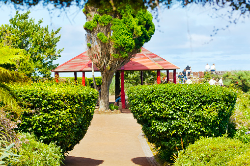 Public park, garden paths, hedges, bandstand in  Ponta da Madrugada viewpoint, Sao Miguel island. Azores , Portugal.