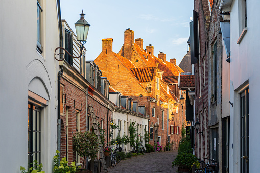 Street view in Amersfoort during a beautiful summer day in the evening at sunset