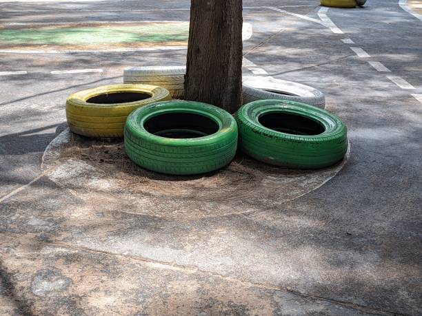 istock colorful wheels on the cement floor around a large tree trunk 1521297655