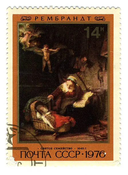 "USSR - CIRCA 1976: A stamp printed in USSR shows paint by Rembrandt Harmenszoon van Rijn ""Holy Family"" circa 1976.    "
