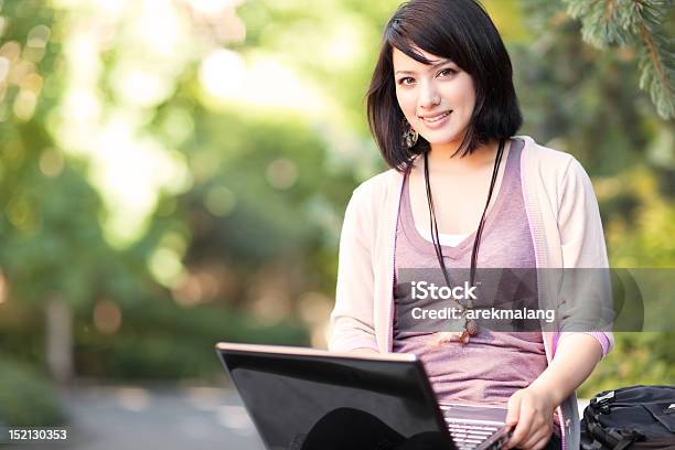 Dark Haired Young Woman Outside With Her Laptop Stock Photo - Download Image Now - Adolescence, Adult, Asian and Indian Ethnicities