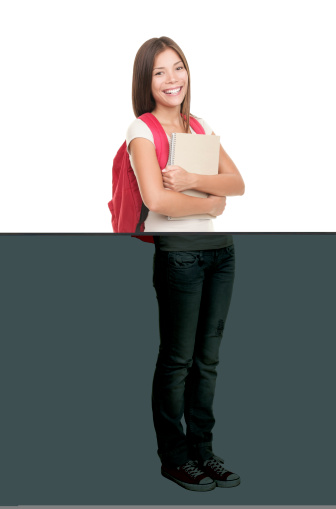 College university student standing isolated on white background in full length. Asian Caucasian xwoman student. Click for more: