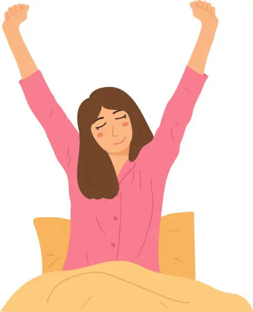 Vector illustration of Happy Stretching Woman Wake Up In The Morning Illustration Graphic Cartoon Art