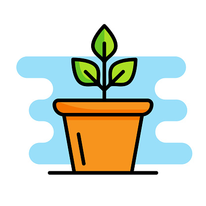 Vector illustration of a potted plant against a blue background in line art style.