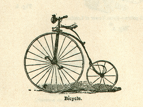 This is an original hand-drawn pen illustration of an antique bicycle taken from a late 1800's encyclopedia.