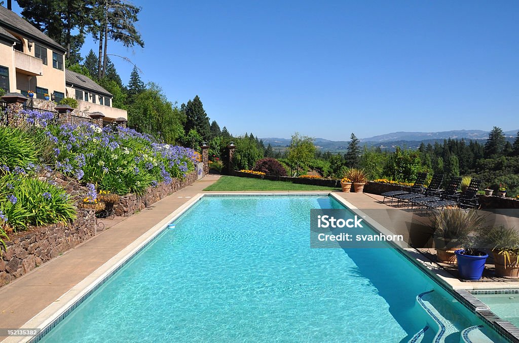Terrasse de la piscine surplombant les vignobles de Californie - Photo de Bleu libre de droits